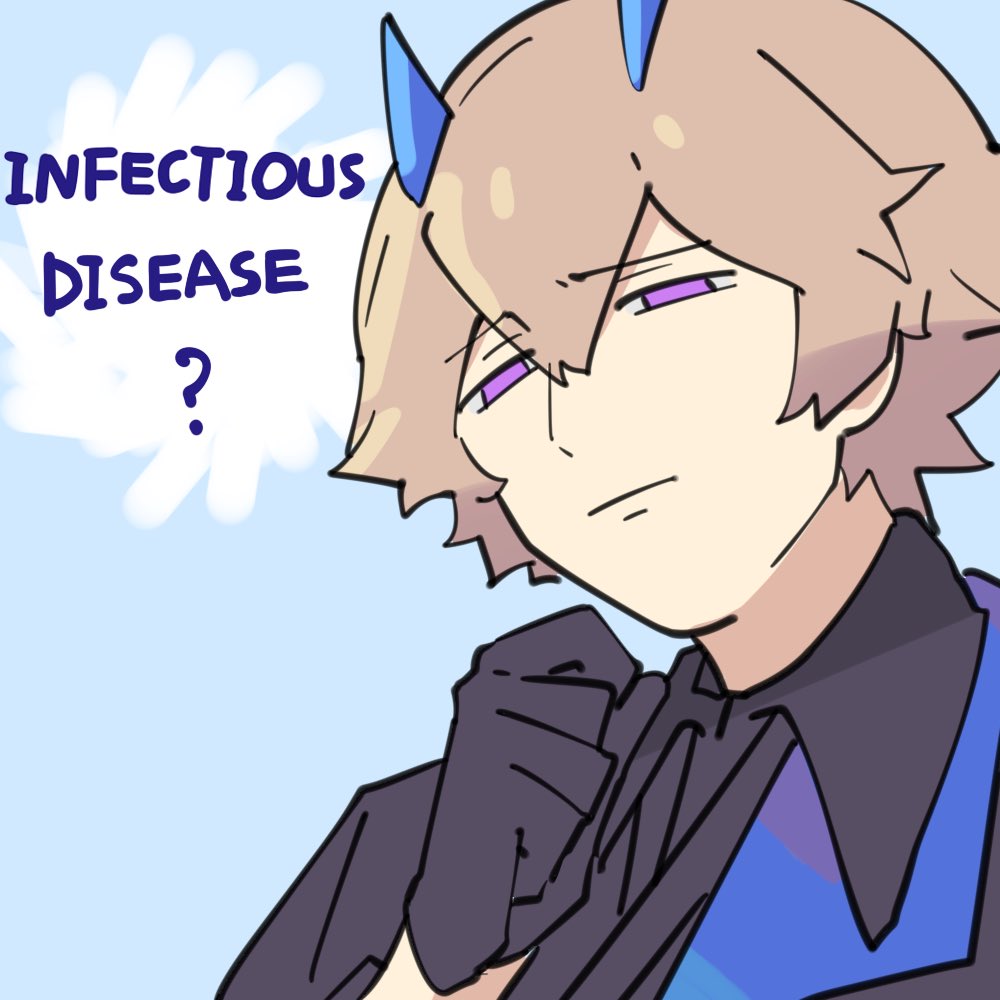 1boy, ?, black_gloves, blue_horns, english_text, gloves, hair_between_eyes, horns