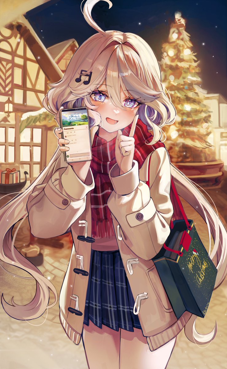 1girl, alternate_costume, bag, blue_eyes, blue_skirt, breath, brown_coat, casual, christmas_tree, coat, cowboy_shot, cowlick, dasha, furina_(genshin_impact), genshin_impact, grey_hair, hair_ornament, hairclip, hands_up, highres, holding, holding_phone, long_hair, looking_at_viewer, night, night_sky, open_mouth, outdoors, paper_bag, phone, plaid, plaid_scarf, plaid_skirt, pointing, pointing_up, red_scarf, scarf, skirt, sky, solo, winter