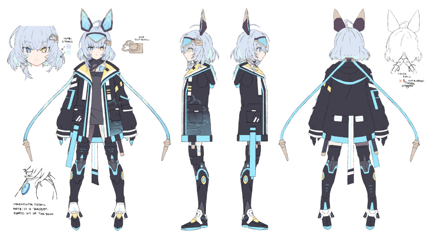 1girl, absurdres, ahoge, animal_ears, black_footwear, black_jacket, black_pantyhose, black_shirt, blue_eyes, boots, cable, cloud_print, cyberpunk, fake_animal_ears, full_body, grey_hair, hair_ornament, heterochromia, highres, indie_virtual_youtuber, jacket, long_sleeves, magatama, medium_hair, multicolored_clothes, multicolored_jacket, multiple_views, n4391, official_art, pantyhose, pocket, print_jacket, reference_sheet, sayu_sincronisity, shirt, single_leg_pantyhose, sleeves_past_wrists, thigh_boots, virtual_youtuber, yellow_eyes