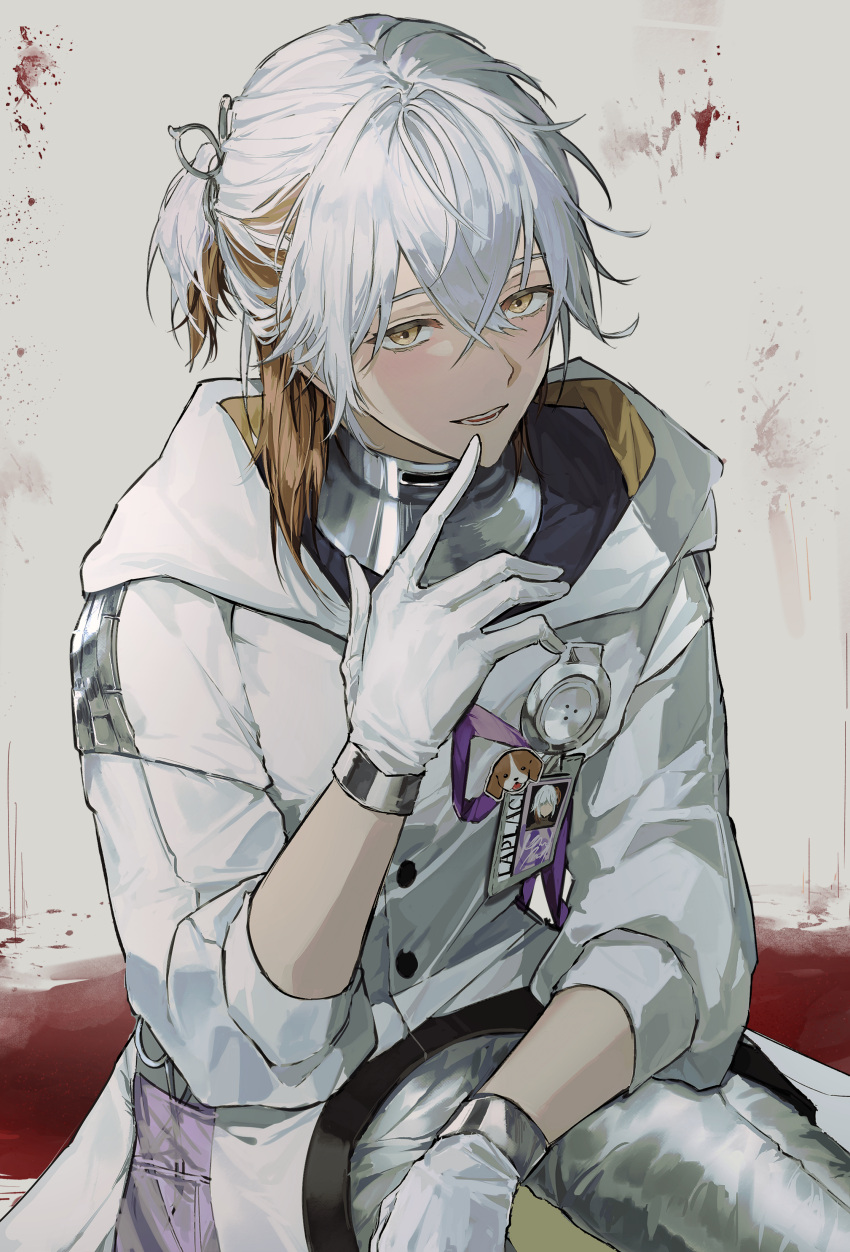 1other, :d, absurdres, ambiguous_red_liquid, androgynous, arm_on_thigh, brown_hair, coat, colored_tips, dog_sticker, finger_to_mouth, gloves, grey_background, grey_pants, hand_up, highres, hood, hooded_coat, id_card, lael_(eve_lael13), looking_at_viewer, medicine_pocket, multicolored_hair, pants, reverse:1999, short_ponytail, sitting, sleeves_past_elbows, smile, teeth, white_coat, white_gloves, white_hair, yellow_eyes