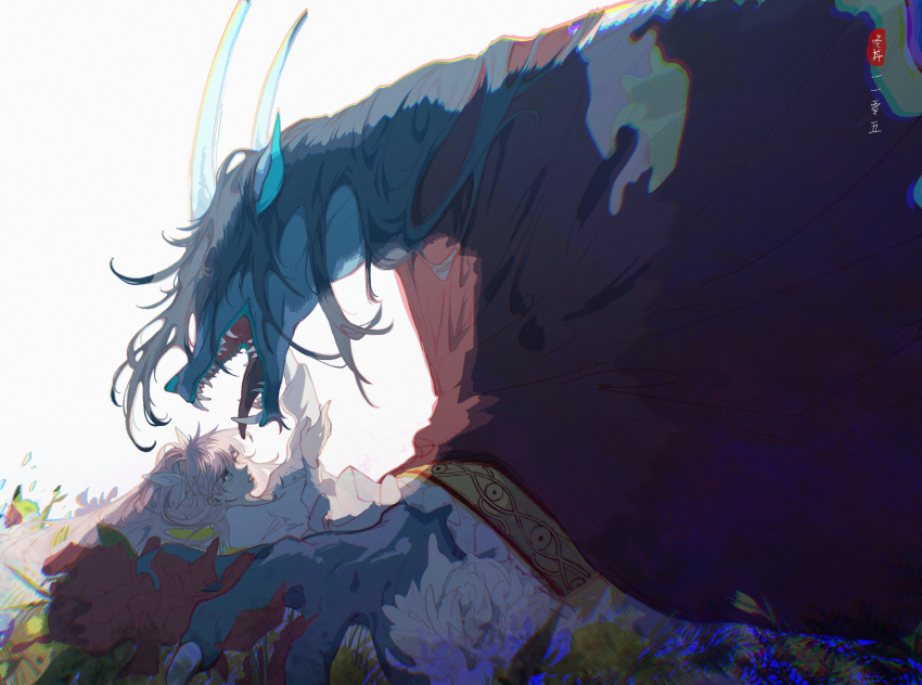 1boy, 1girl, artist_request, belle_(ryuu_to_sobakasu_no_hime), chinese_text, claws, commentary_request, dragon_boy