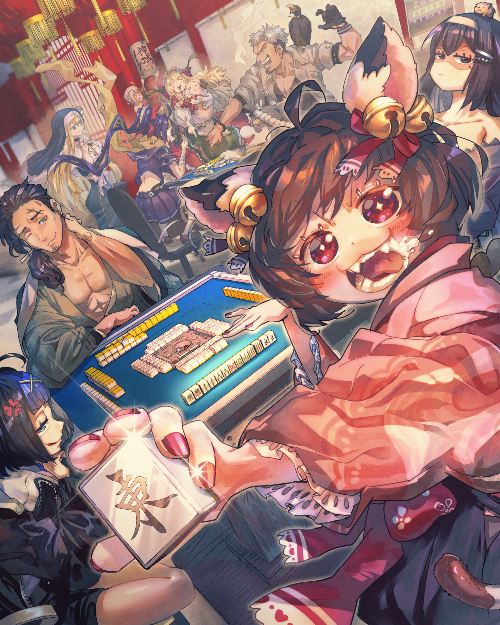+_+, 2boys, 6+girls, :3, ahoge, anger_vein, animal_ears, bell
