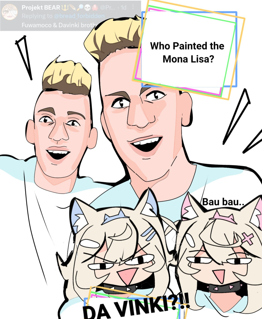 2boys, 2girls, animal_collar, animal_ears, black_collar, blonde_hair, blue_hairband, bread_forbidden