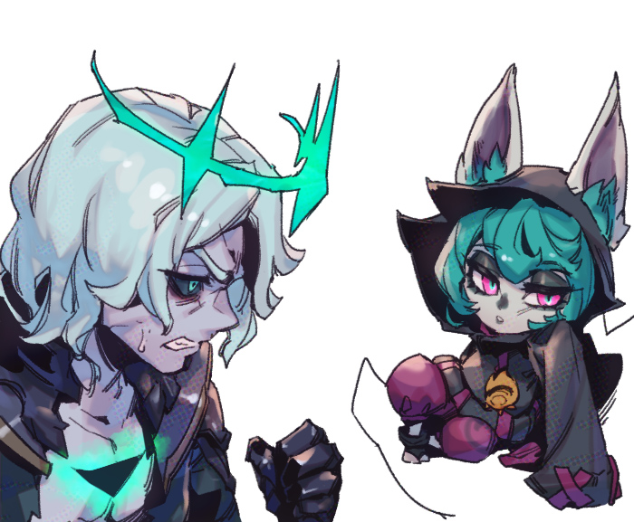 1boy, 1girl, black_footwear, black_hoodie, black_sclera, clenched_hand, collarbone, colored_sclera