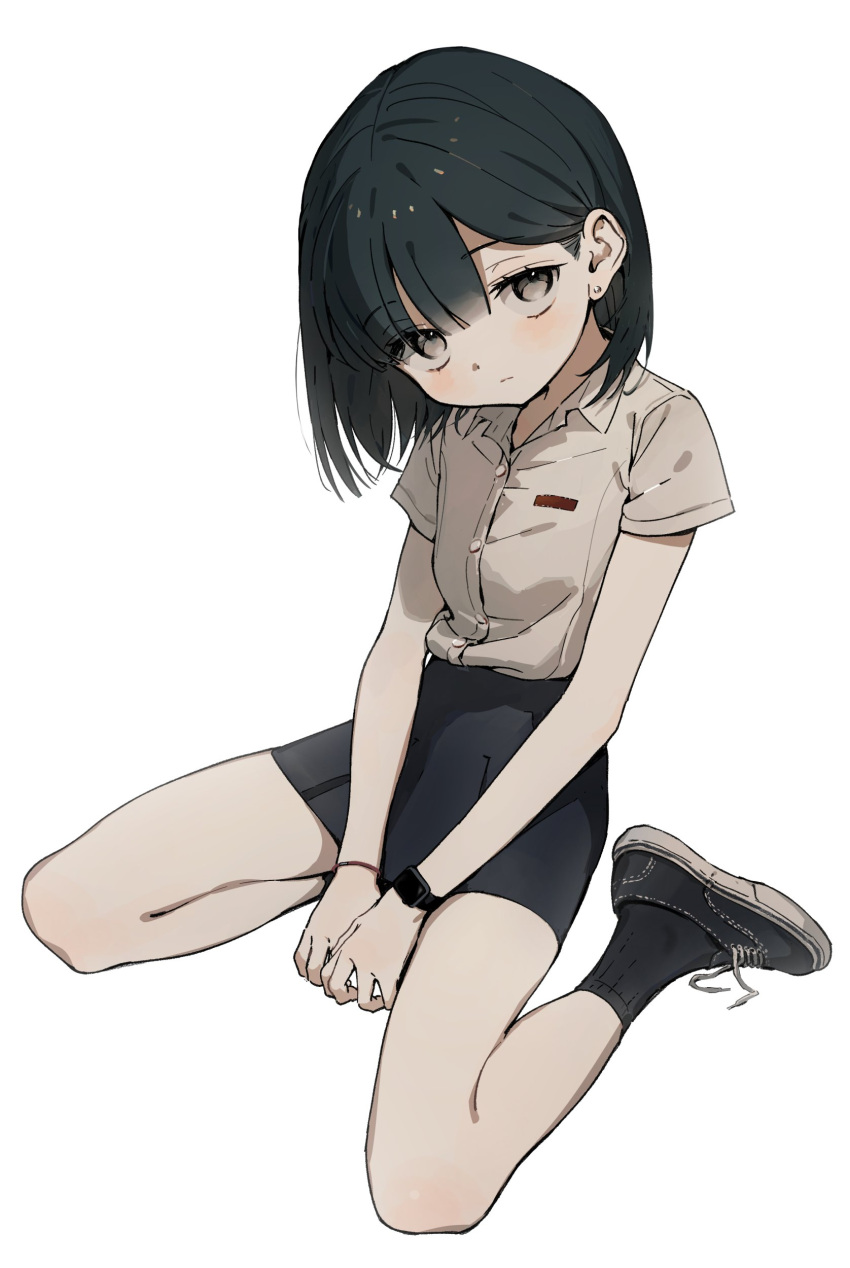 1girl, absurdres, apple_watch, between_legs, black_footwear, black_hair, black_skirt, black_socks