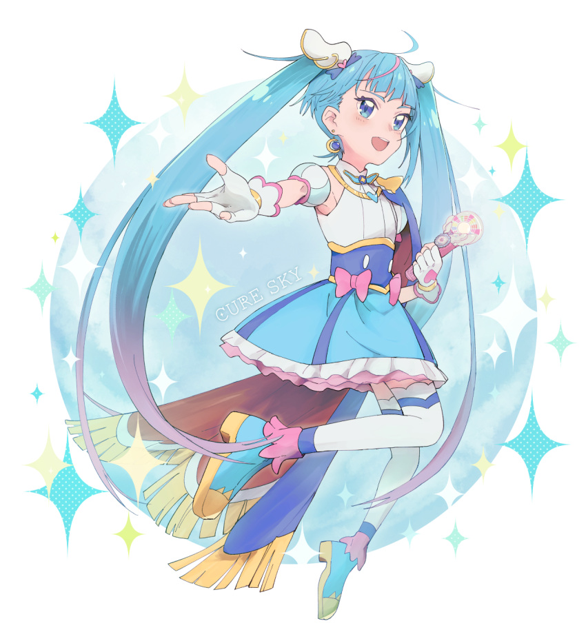 1girl, blue_eyes, blue_hair, cure_sky, highres, hirogaru_sky!_precure, ichiromi, long_hair, looking_to_the_side, magical_girl, multicolored_hair, open_mouth, outstretched_arm, precure, solo, sora_harewataru, sparkle, twintails, two-tone_hair