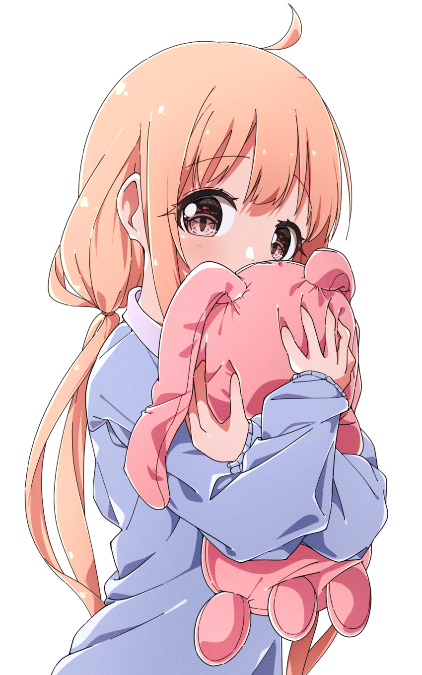 1girl, ahoge, blonde_hair, blue_dress, blush, covered_mouth, dress, futaba_anzu