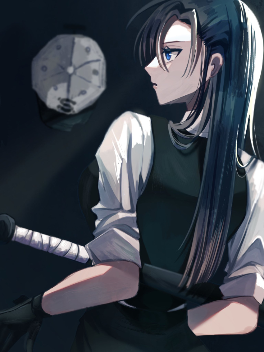 1girl, ado_(utaite), baseball_bat, baseball_cap, black_gloves, black_vest, blue_background, blue_eyes