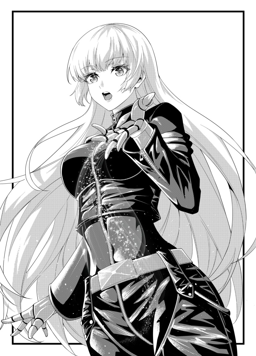 1girl, belt, black872233196, black_border, bodysuit, border, breasts, cowboy_shot, gloves, greyscale, highres, kula_diamond, long_hair, looking_at_viewer, monochrome, simple_background, small_breasts, snk, the_king_of_fighters, white_background, zipper