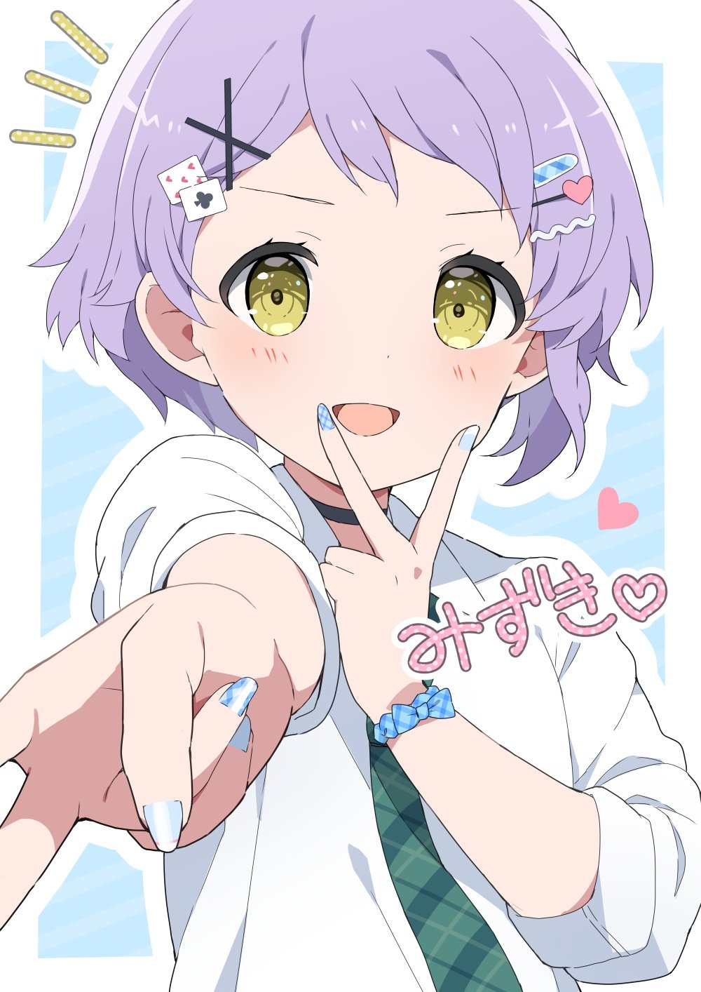 1girl, ace_(playing_card), ace_of_clubs, black_choker, blue_background, blue_nails, blue_scrunchie, blush