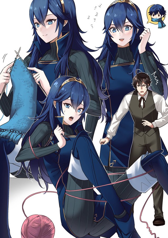 1girl, 2boys, ameno_(a_meno0), ass, blue_eyes, blue_hair, blush, brand_of_the_exalt
