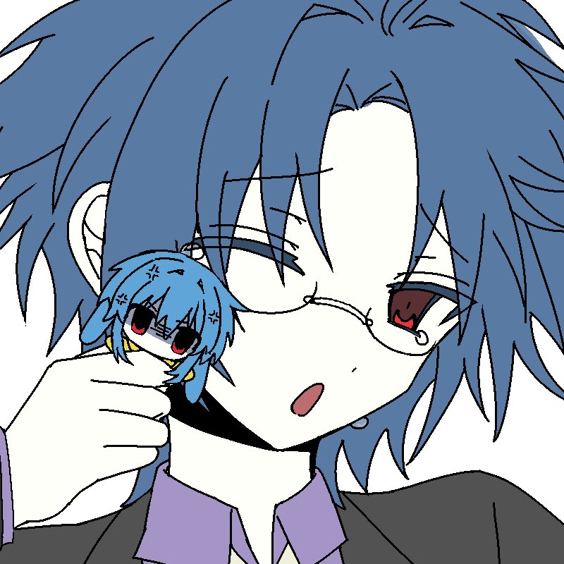 2boys, anger_vein, black_jacket, blue_hair, collared_shirt, father_and_son, glasses, grey_background, jacket, looking_at_viewer, mini_person, miniboy, multiple_boys, one_eye_closed, open_mouth, pale_skin, purple_shirt, red_eyes, shirt, simple_background, ushirono_fuyu, ushirono_kanrai, world_execute, yawning, yellow_jacket, zeno_(game)