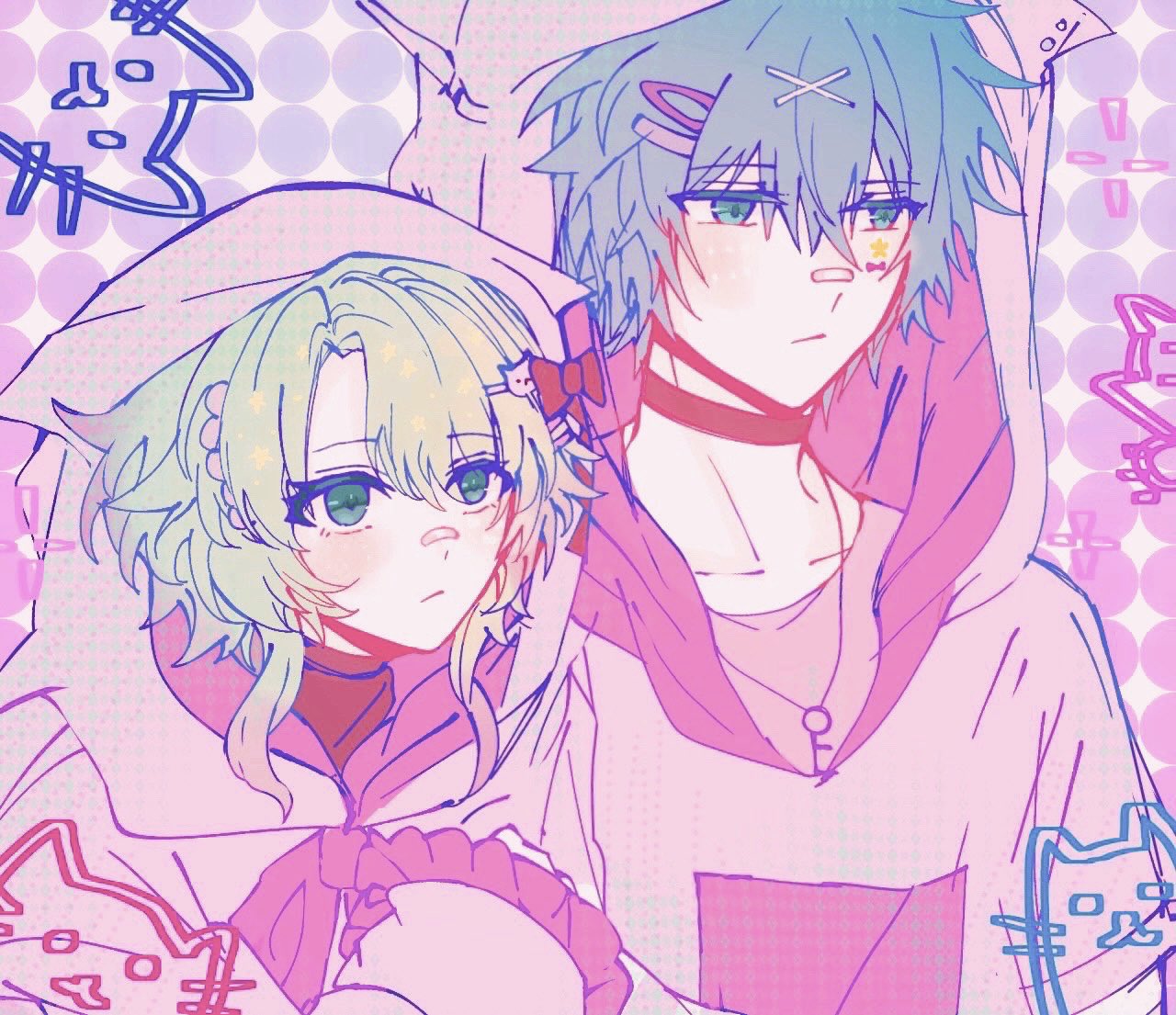 1boy, 1girl, animal_ears, aqua_eyes, aqua_hair, bow, cat_ears, cat_hair_ornament