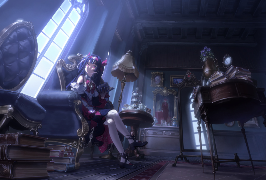 1girl, absurdres, algorhythm_project, armchair, ayna_(algorhythm_project), black_footwear, black_gloves, black_hair