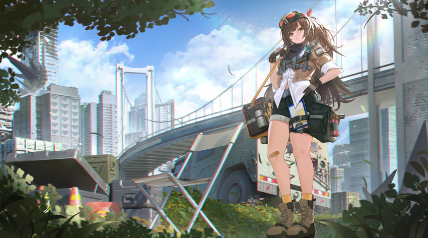 1girl, absurdres, bag, bandaid, bandaid_on_knee, bandaid_on_leg, black_shorts, boots, box, bridge, brown_footwear, brown_hair, building, car, clouds, cloudy_sky, commission, full_body, girls'_frontline_2:_exilium, girls_frontline, gloves, goggles, goggles_on_head, hand_on_own_hip, highres, lan_liyu_renzi, lens_flare, long_hair, mayling_shen_(girls'_frontline_2), motor_vehicle, second-party_source, shorts, sky, solo, traffic_cone