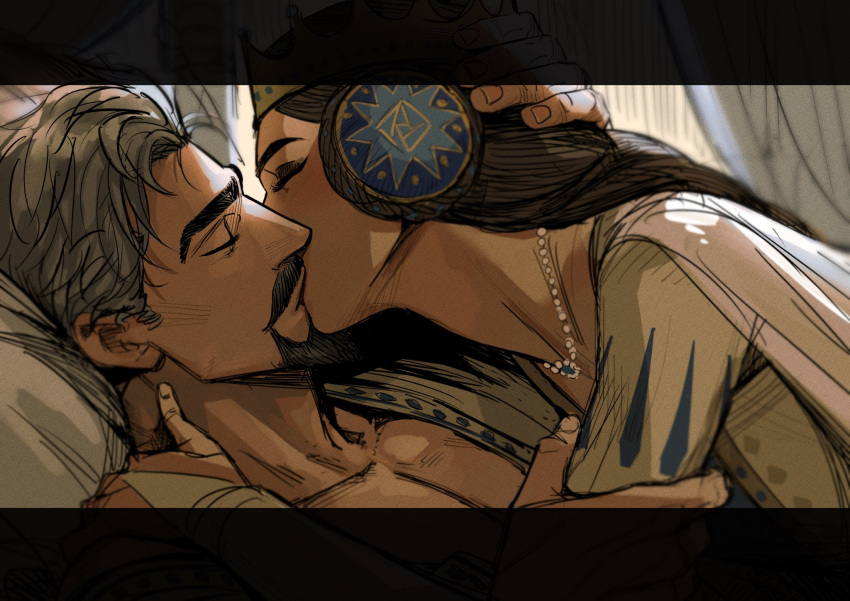 1boy, 1girl, blurry, blurry_background, brown_hair, closed_eyes, coat, colored_skin