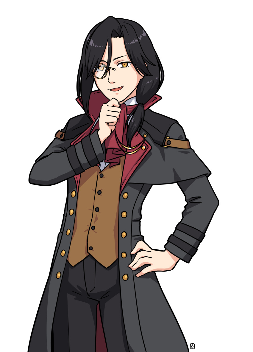 1boy, black_coat, black_hair, black_pants, brown_eyes, brown_vest, coat, hand_on_own_hip, hand_up, highres, long_hair, long_sleeves, looking_at_viewer, male_focus, monocle, muu_(mumumer), nijisanji, open_clothes, open_coat, pants, shellin_burgundy, shellin_burgundy_(1st_costume), shirt, simple_background, smile, solo, vest, virtual_youtuber, white_background, white_shirt