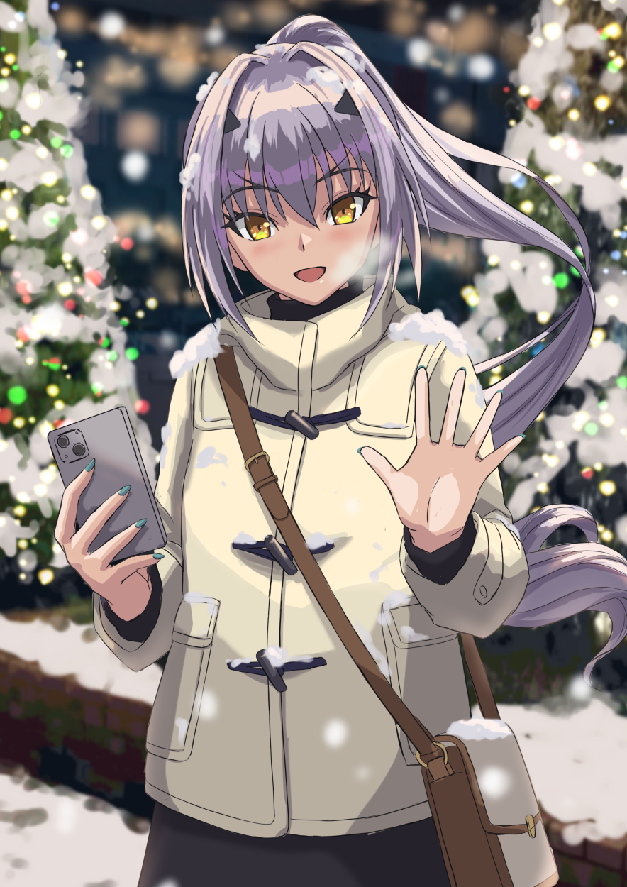 1girl, black_skirt, breasts, cellphone, christmas_tree, fate/grand_order, fate_(series), forked_eyebrows