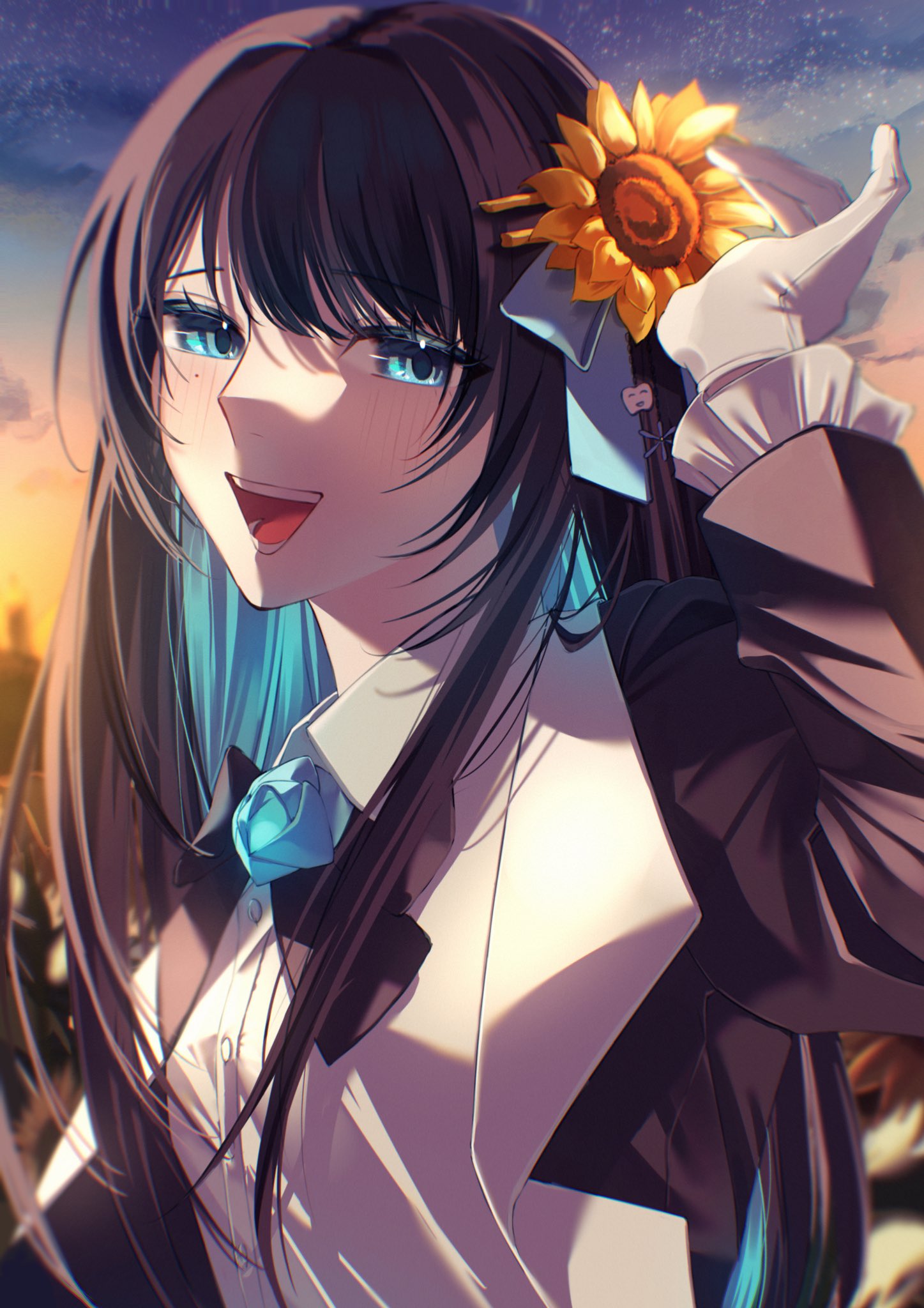 1girl, ado_(utaite), black_bow, black_bowtie, black_hair, black_jacket, blue_bow, blue_eyes, blue_flower, blue_hair, blue_rose, blush, bow, bowtie, chando_(ado), cloud_nine_inc, collared_shirt, colored_inner_hair, commentary_request, dress_shirt, dusk, flower, flower_brooch, gloves, hair_flower, hair_ornament, highres, himawari_(ado), jacket, long_hair, long_sleeves, looking_at_viewer, mole, mole_under_eye, multicolored_hair, open_clothes, open_jacket, open_mouth, rose, shirt, sidelocks, sky, solo, spica_(spica5f9ea0), star_(sky), starry_sky, sunflower, teeth, two-tone_hair, upper_body, utaite, white_gloves, white_shirt