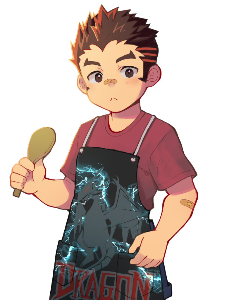 1boy, aged_down, akashi_(live_a_hero), apron, bandaid, bandaid_on_arm, bandaid_on_face, bandaid_on_nose, black_shorts, brown_eyes, child, commentary_request, gorioxxxx, holding, holding_ladle, ladle, live_a_hero, looking_at_viewer, male_focus, red_shirt, shamoji, shirt, shorts, white_background