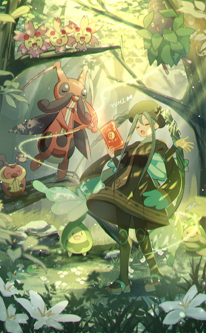 1girl, absurdres, black_dress, black_headwear, budew, bug_miku_(project_voltage), character_request, cherrim