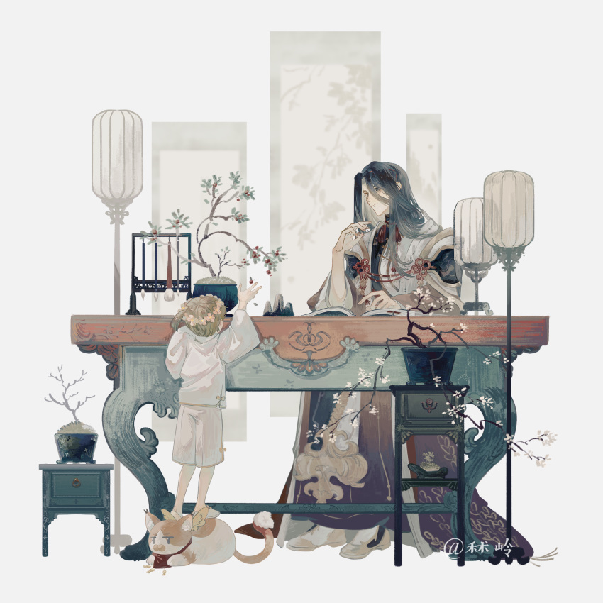 2boys, aged_down, black_eyes, black_hair, black_robe, bonsai, book, boots