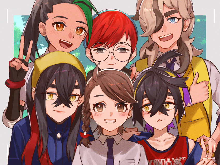00kashian00, 2boys, 4girls, arven_(pokemon), black_hair, blue_hair, braid, brown_eyes