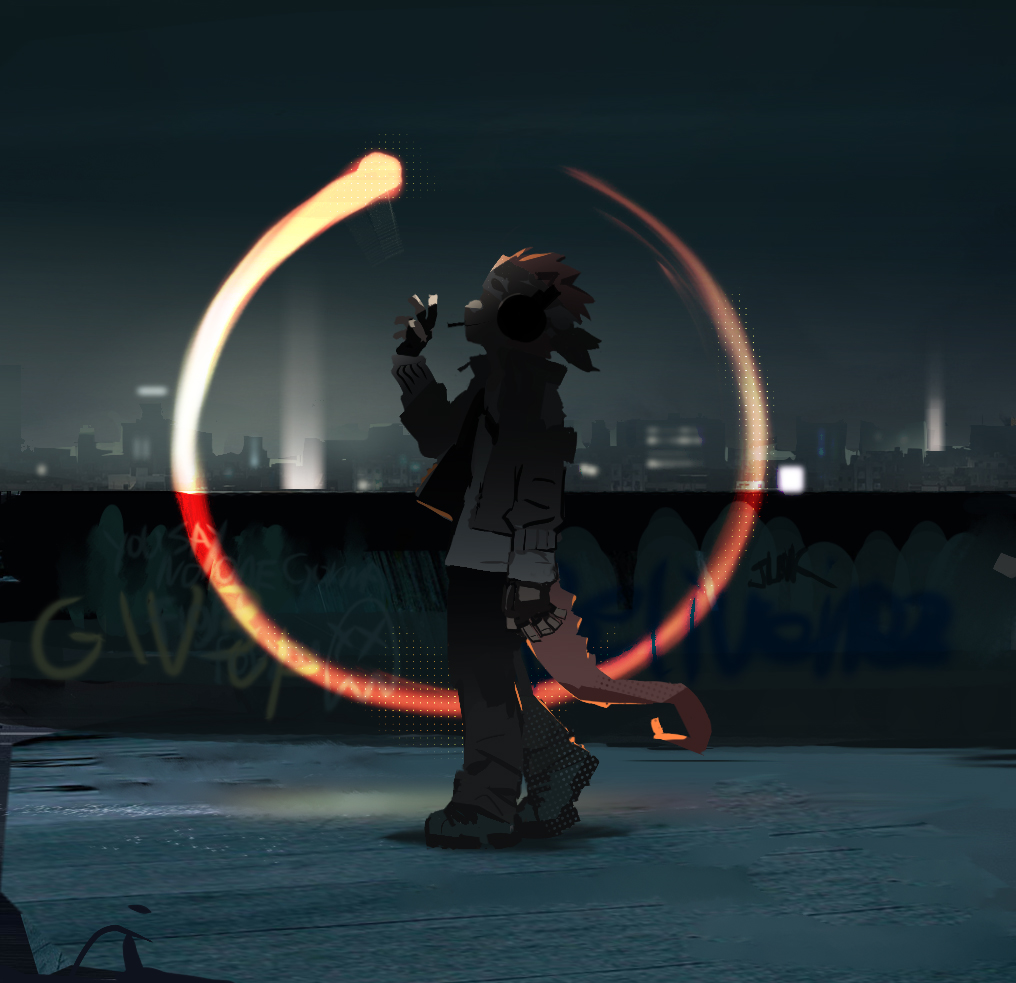 1boy, arknights, brown_pants, chameleon_boy, chameleon_tail, cityscape, ethan_(arknights), ethan_(infiltrator)_(arknights)