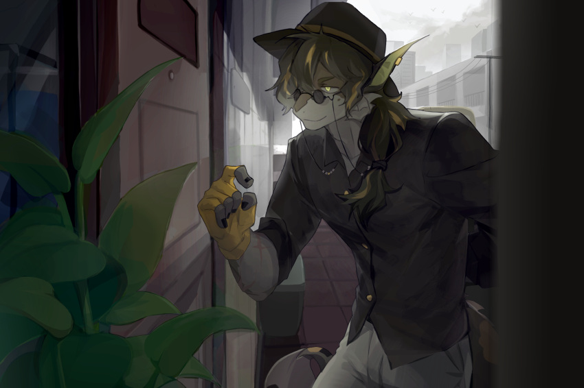 1boy, arknights, black_headwear, black_shirt, chinese_commentary, commentary_request, door, dragon_boy