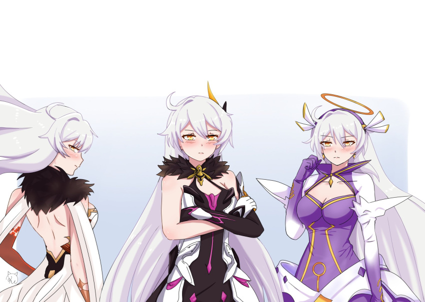 3girls, ahoge, bare_back, bare_shoulders, benghuai_xueyuan, blush, crossed_arms, fur_collar