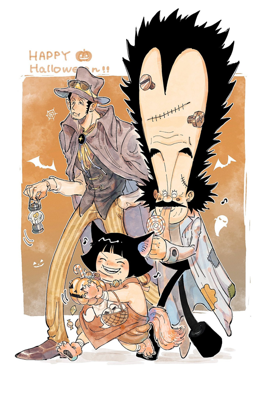 black_hair, borsalino_(kizaru), dr._vegapunk, facial_hair, formal, full_body, halloween_costume, happy