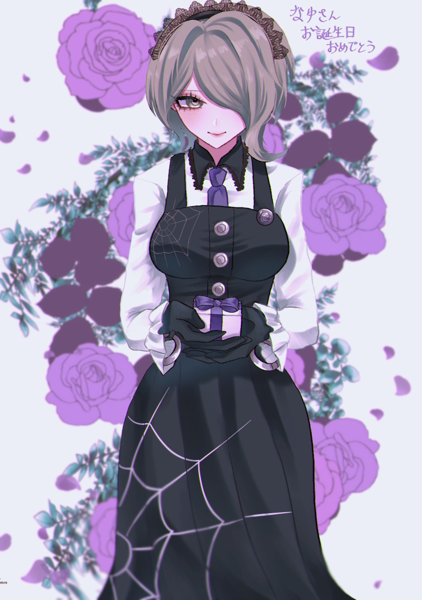 1girl, absurdres, black_dress, black_gloves, blonde_hair, breasts, buttons, closed_mouth