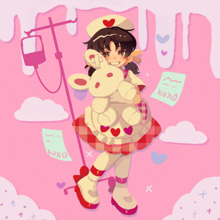 1girl, bandaid, blood, blood_bag, brown_eyes, brown_hair, clouds, dress