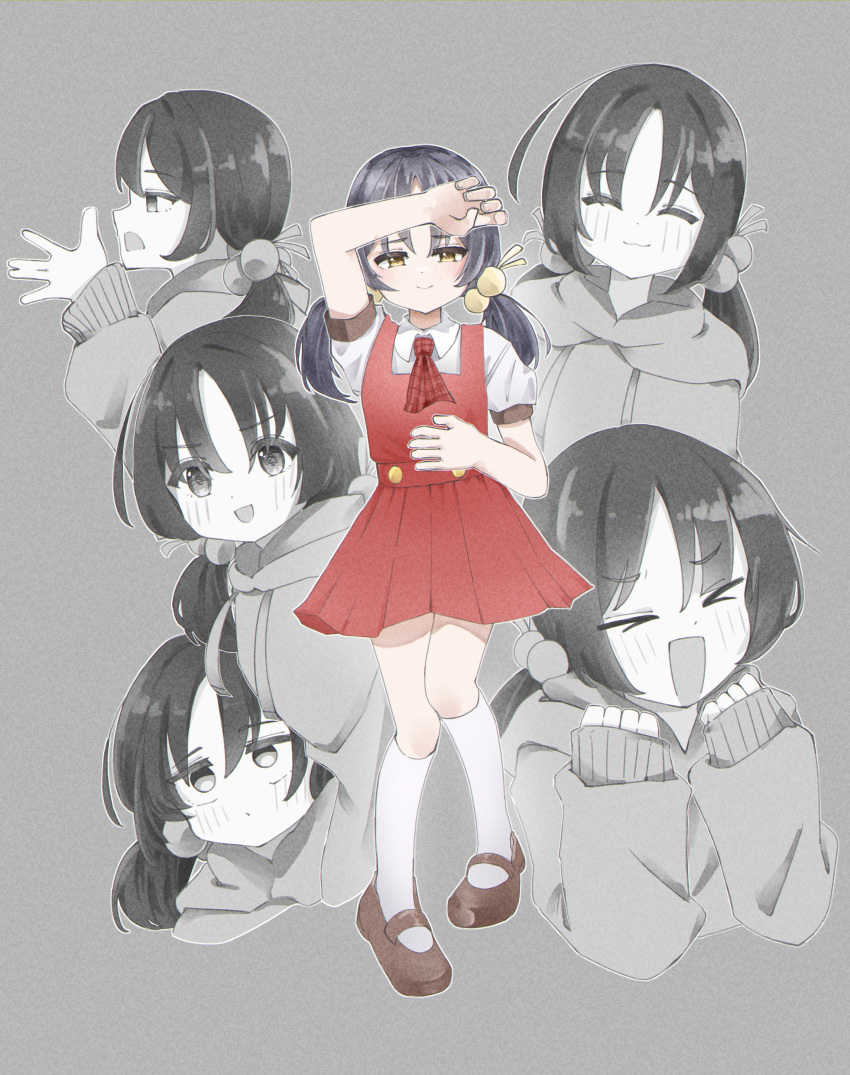>_<, 1girl, absurdres, ascot, black_hair, blush, brown_footwear, dress, grey_background, hair_bobbles, hair_ornament, highres, hood, hoodie, inabakumori, ixia559, kaai_yuki, monochrome_background, multiple_views, open_mouth, red_ascot, red_dress, relayouter_(vocaloid), short_twintails, smile, socks, solo, twintails, vocaloid, white_socks, yellow_eyes
