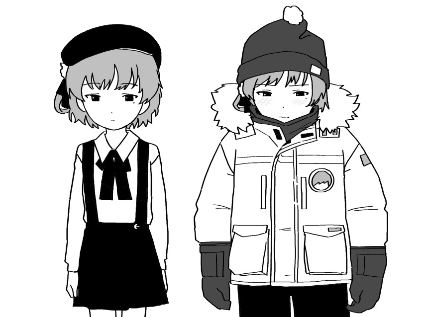 1girl, arms_at_sides, beanie, beret, blush, closed_mouth, coat, collared_shirt