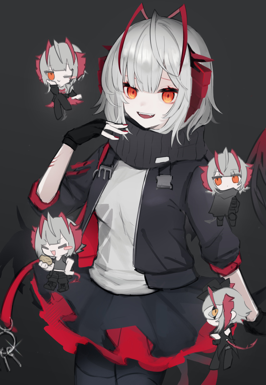 1girl, 3rd_rb, absurdres, ahoge, ambience_synesthesia, antenna_hair, arknights, black_gloves, black_jacket, black_pantyhose, black_scarf, black_skirt, black_tail, breasts, buckle, chibi, chibi_inset, commentary_request, cowboy_shot, demon_girl, demon_horns, demon_tail, dot_nose, dyed_ahoge, eyelashes, eyeliner, fangs, fingerless_gloves, fingernails, glint, gloves, gradient_background, grey_background, grey_hair, hair_between_eyes, hand_up, happy, highres, horns, jacket, layered_clothes, layered_skirt, legs_together, long_sleeves, looking_at_viewer, makeup, medium_breasts, miniskirt, multicolored_clothes, multicolored_skirt, multiple_scars, nail_polish, o-ring, o-ring_strap, official_alternate_costume, open_clothes, open_jacket, open_mouth, orange_eyes, pantyhose, pleated_skirt, red_eyeliner, red_horns, red_nails, red_skirt, ringed_eyes, scar, scar_on_arm, scarf, shadow, shirt, short_hair, skirt, slit_pupils, smile, snap-fit_buckle, solo, standing, strap, striped, striped_scarf, tail, teeth, tongue, torn_clothes, torn_scarf, two-sided_fabric, two-sided_jacket, two-tone_skirt, upper_teeth_only, variant_set, vertical-striped_scarf, vertical_stripes, w_(arknights), w_(fugue)_(arknights), white_shirt