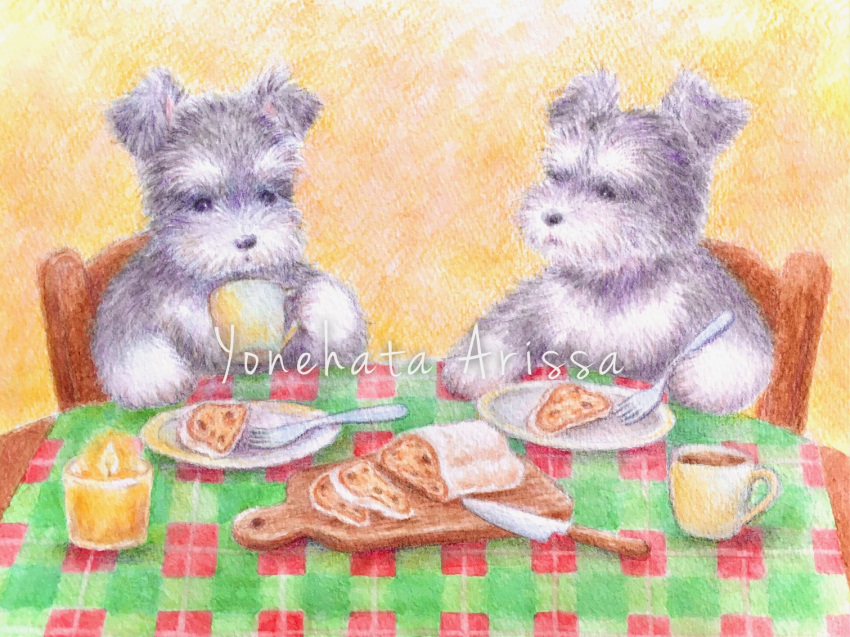 animal_focus, artist_name, candle, chair, colored_pencil_(medium), commentary_request, cup, dog