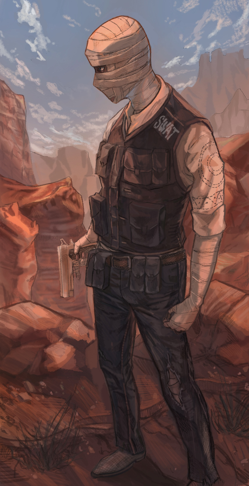 1boy, absurdres, ammunition_pouch, bandaged_arm, bandaged_head, bandages, black_pants, boots, brown_footwear, bulletproof_vest, canyon, cliff, clouds, cloudy_sky, collared_shirt, denim, fallout_(series), fallout_new_vegas, from_side, grass, gun, handgun, highres, holding, holding_gun, holding_weapon, joshua_graham, looking_to_the_side, male_focus, motsu_pot, pants, pouch, rock, shirt, sky, solo, swat, weapon