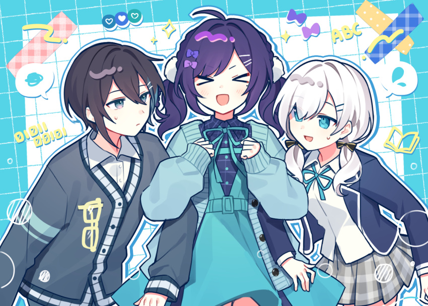 1boy, 2girls, ahoge, aiba_uiha, ars_almal, black_hair, black_sweater, blazer