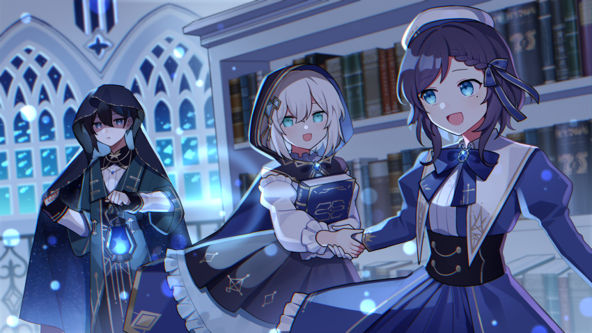 1boy, 2girls, aiba_uiha, ars_almal, black_cloak, black_dress, black_hair, blue_bow