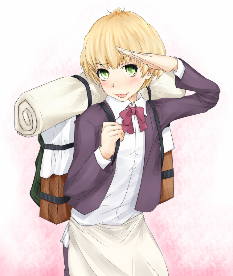 1girl, arm_up, balbina, blonde_hair, bow, bowtie, collared_shirt, commentary_request, feet_out_of_frame, green_eyes, hand_up, jacket, light_blush, long_sleeves, looking_at_viewer, pink_background, purple_jacket, red_bow, red_bowtie, shin_(highest1192), shirt, short_hair, solo, toaru_majutsu_no_index, toaru_majutsu_no_index:_old_testament, tongue, tongue_out, white_shirt