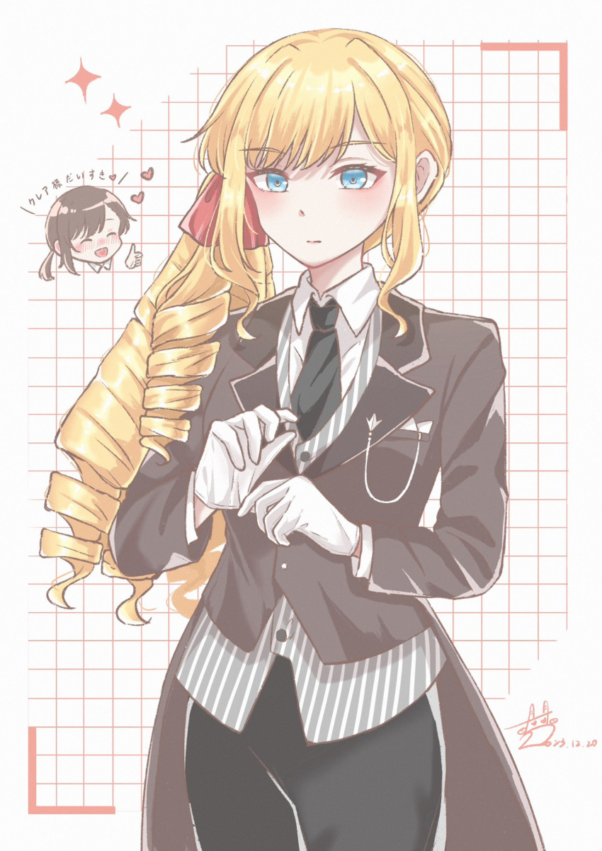 2girls, acchuu_(achu10273), blonde_hair, blue_eyes, butler, claire_francois, drill_hair, female_butler, hair_ornament, hair_ribbon, heart, highres, long_hair, multiple_girls, official_alternate_costume, rae_taylor, red_ribbon, ribbon, short_hair, side_ponytail, thumbs_up, watashi_no_oshi_wa_akuyaku_reijou