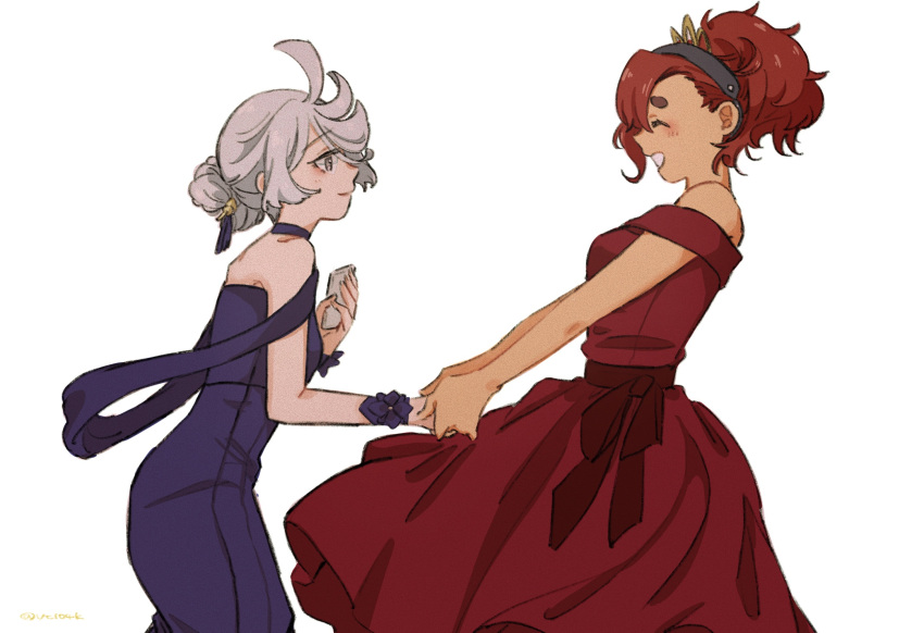 2girls, ahoge, bare_shoulders, blue_choker, blue_dress, choker, closed_eyes, commentary_request