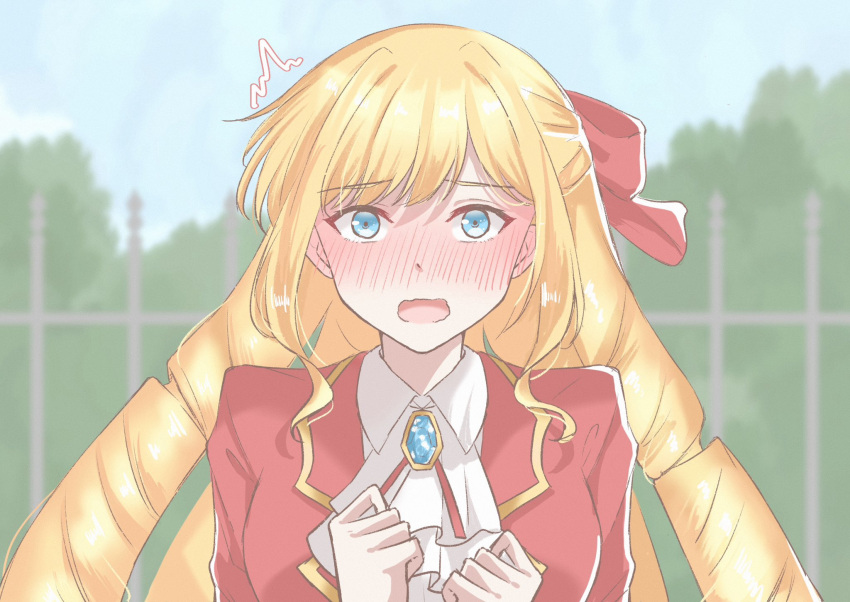 1girl, acchuu_(achu10273), blonde_hair, blue_eyes, blush, bow, claire_francois, drill_hair