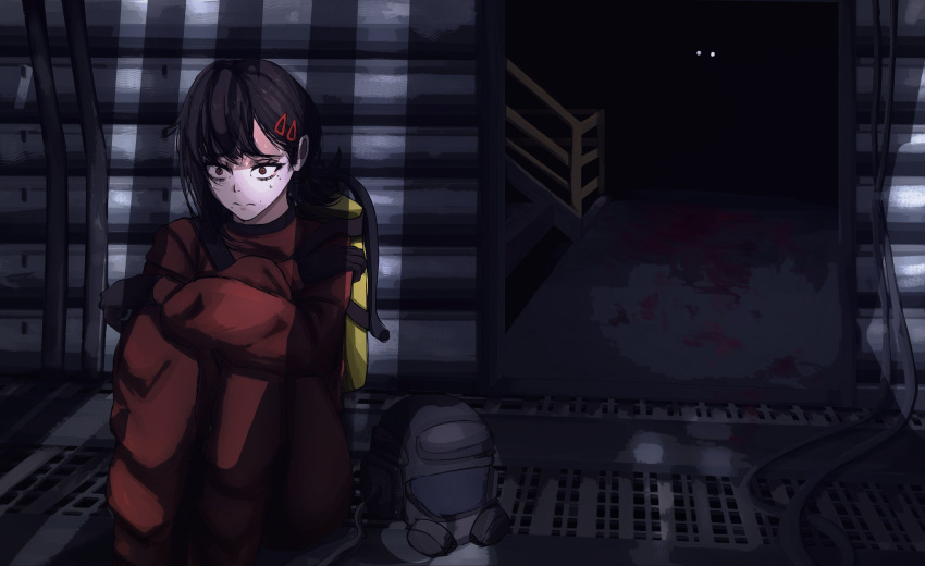1girl, alternate_costume, black_gloves, black_hair, bodysuit, chainsaw_man, dark, english_commentary