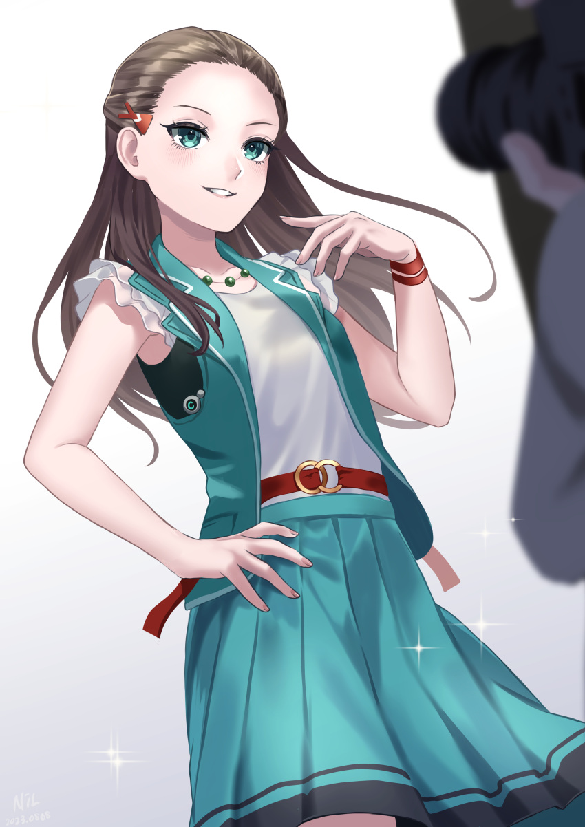 1girl, 1other, absurdres, belt, blue_eyes, blurry, blurry_foreground, brown_hair