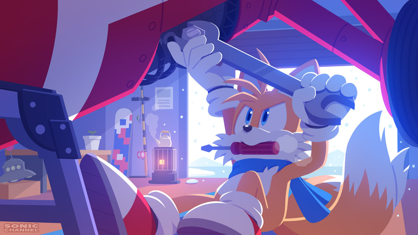 1boy, aircraft, airplane, animal_ears, blue_eyes, commentary_request, double_sided_wrench, fishing_rod, fox_ears, furry, furry_male, garage, gloves, holding, holding_wrench, male_focus, mouth_hold, multiple_tails, official_art, plant, potted_plant, screwdriver, snowboard, snowing, solo, sonic_(series), tail, tails_(sonic), teapot, tornado_(airplane)_(sonic), uno_yuuji, wrench