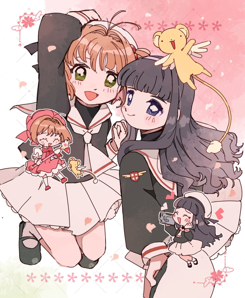 2girls, black_footwear, brown_hair, cardcaptor_sakura, chibi, child, closed_eyes, daidouji_tomoyo