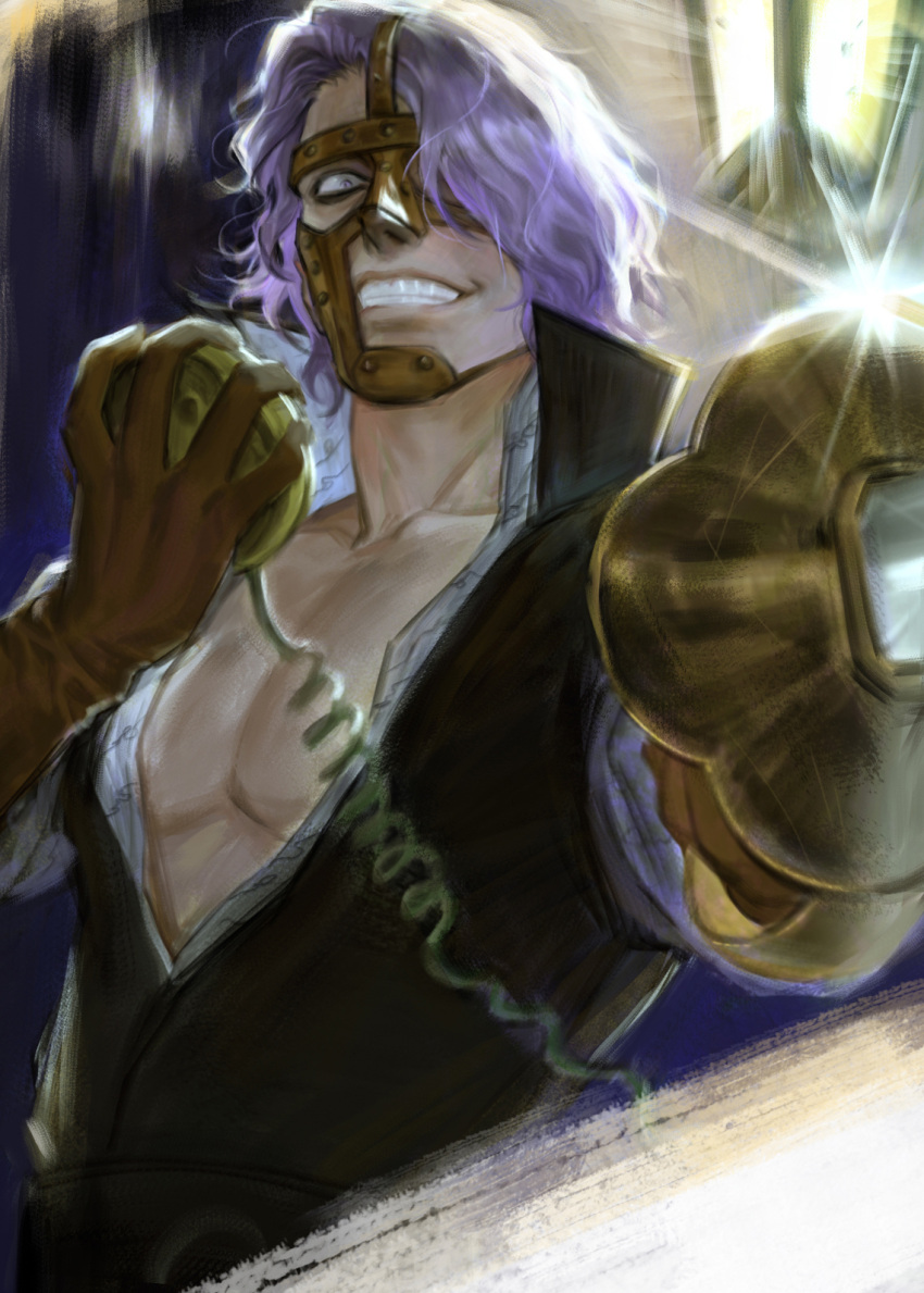 1boy, alternate_muscle_size, calling, glint, grin, highres, large_pectorals, looking_at_viewer