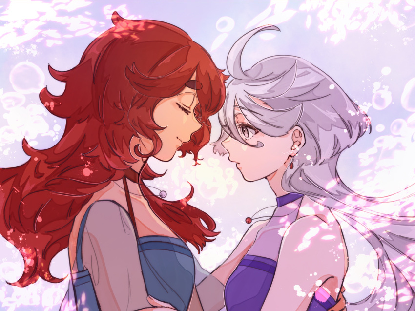 2girls, ahoge, bare_shoulders, choker, closed_eyes, closed_mouth, curly_hair, dress